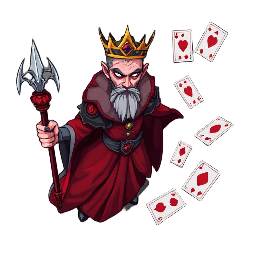 twisted monarch, blood-red dress, sharp crown, blade scepter, rose thorns armor, floating cards, gothic cartoon style, top-down mobile game.