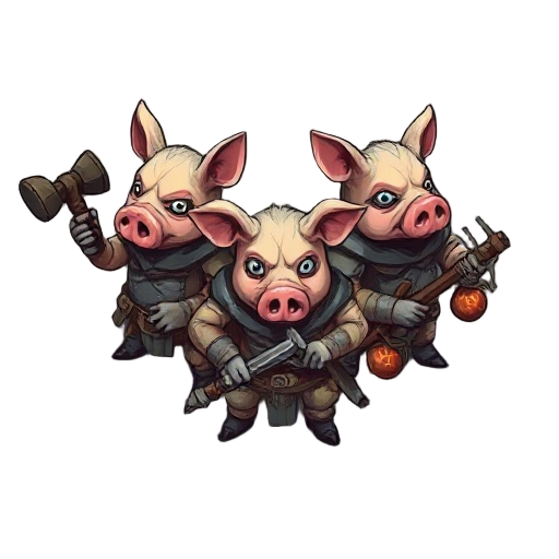 three twisted pig brothers, patchwork armor, junk weapons, one with hammer, one with crossbow, one with bombs, gothic cartoon style, top-down mobile game.
