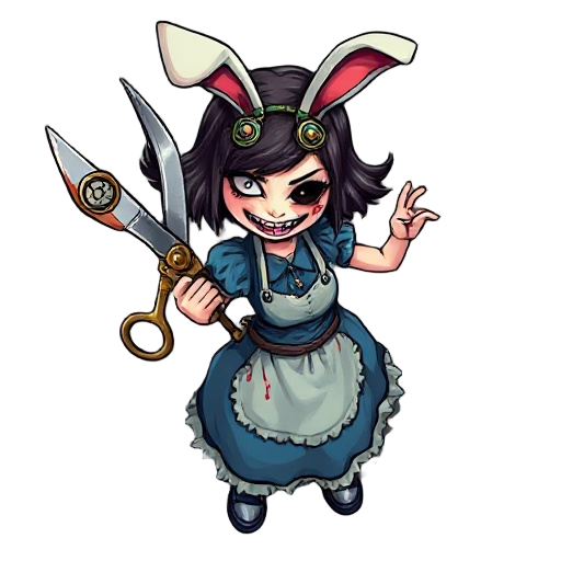 twisted young girl, torn blue dress, huge clockwork scissors, mad smile, rabbit mask, blood-stained apron, gothic cartoon style, top-down mobile game.