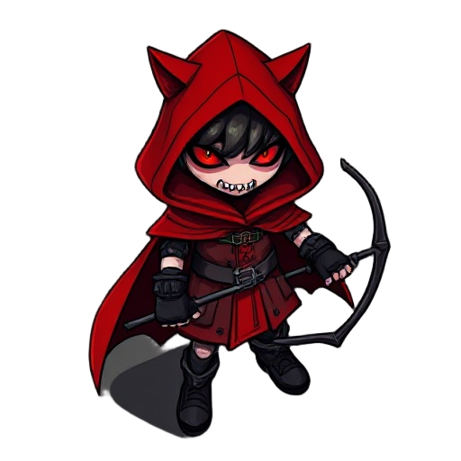 dark fairytale red riding hood, red hooded cloak, crossbow like wolf jaws, fingerless gloves, combat boots, glowing red eyes, gothic cartoon style, top-down mobile game.