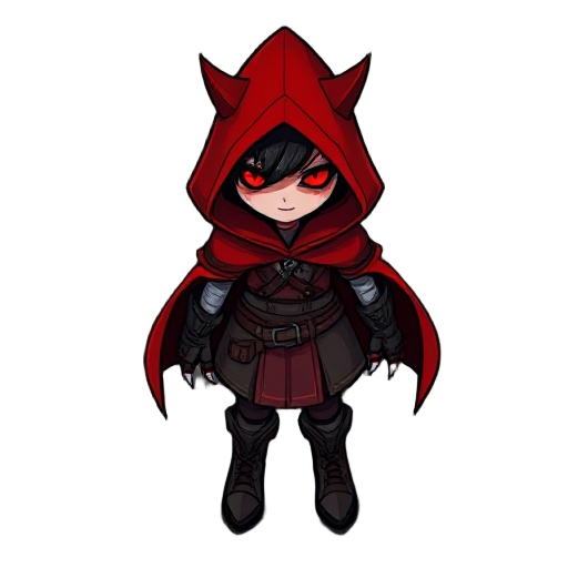 dark fairytale red riding hood, red hooded cloak, crossbow like wolf jaws, fingerless gloves, combat boots, glowing red eyes, gothic cartoon style, top-down mobile game.