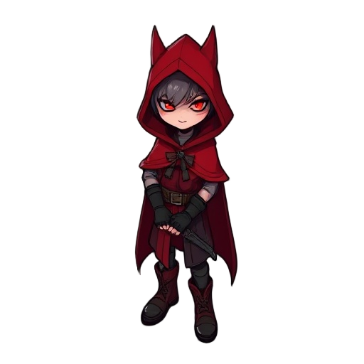 dark fairytale red riding hood, red hooded cloak, crossbow like wolf jaws, fingerless gloves, combat boots, glowing red eyes, gothic cartoon style, top-down mobile game.
