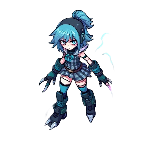 storm-walker girl, ripped gingham, electric boots, totó is robotic with claws, twister aura, gothic cartoon style, top-down mobile game.