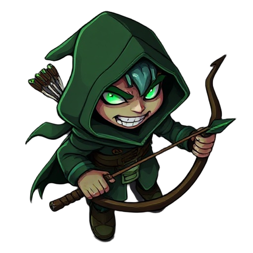 dark forest rogue, tattered green hood, cursed bow, sharp grin, bone arrows, glowing emerald eyes, gothic cartoon style, top-down mobile game.
