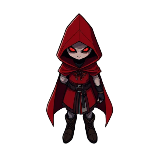 dark fairytale red riding hood, red hooded cloak, crossbow like wolf jaws, fingerless gloves, combat boots, glowing red eyes, gothic cartoon style, top-down mobile game.