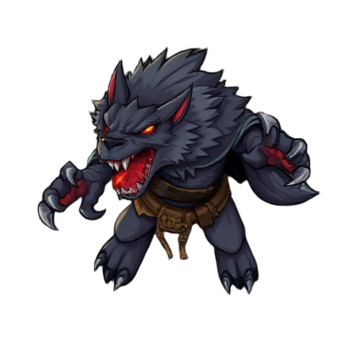werewolf beast, spiked fur, massive claws, glowing red maw, hunter’s belt, shredded cape, evil aura, gothic cartoon style, top-down mobile game.
