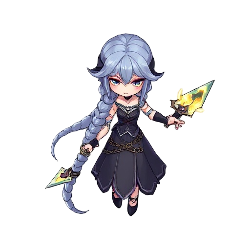 long magical hair as weapon, chain-wrapped dress, cracked mirror shard blade, glowing braid tips, gothic cartoon style, top-down mobile game.