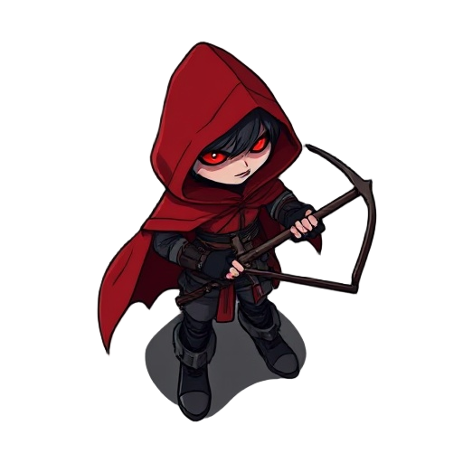 dark fairytale red riding hood, red hooded cloak, crossbow like wolf jaws, fingerless gloves, combat boots, glowing red eyes, gothic cartoon style, top-down mobile game.