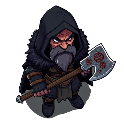 grim woodsman, dark fur cloak, axe with red runes, scarred face, wolf pelt armor, piercing gaze, gothic cartoon style, top-down mobile game.