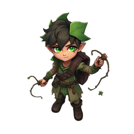 scrappy boy with seed satchel, leafy armor, slingshot vine weapon, green glowing eyes, torn clothes, forest-inspired gear, gothic cartoon style, top-down mobile game.