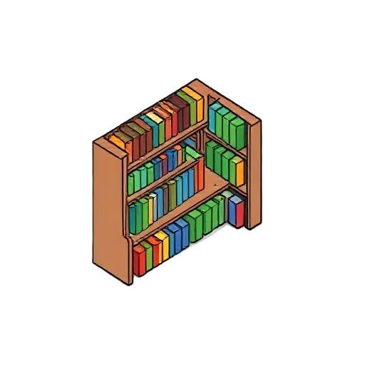 book shelf, flat colors, lineart, black outline
