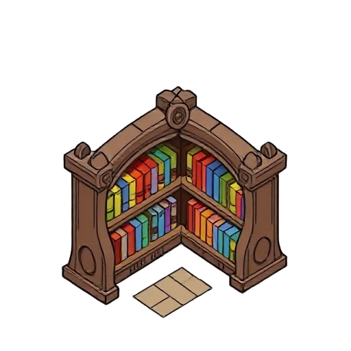 medieval book shelf, flat colors, lineart, black outline
