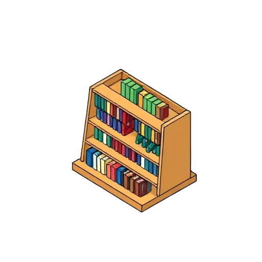 book shelf, flat colors, lineart, black outline