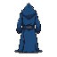 worn blue robe with faint magical sigils, frayed edges.