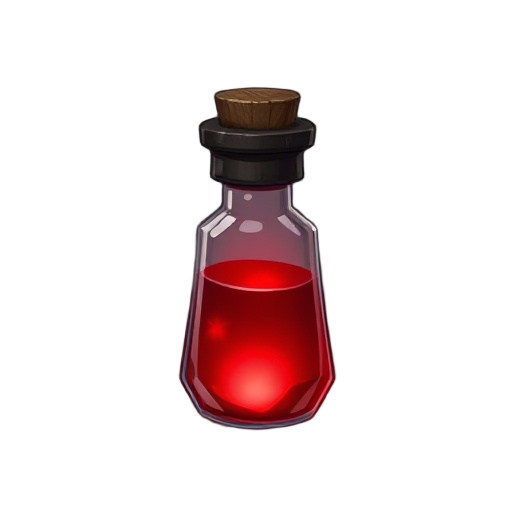 red crystal vial with dark brass cap, faint red glow. looks ancient and ominous.