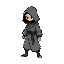 loose-fitting grey robes, minimal ornamentation, stealthy and agile.