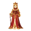 queen in a red and gold gown, long blonde hair, holding a staff