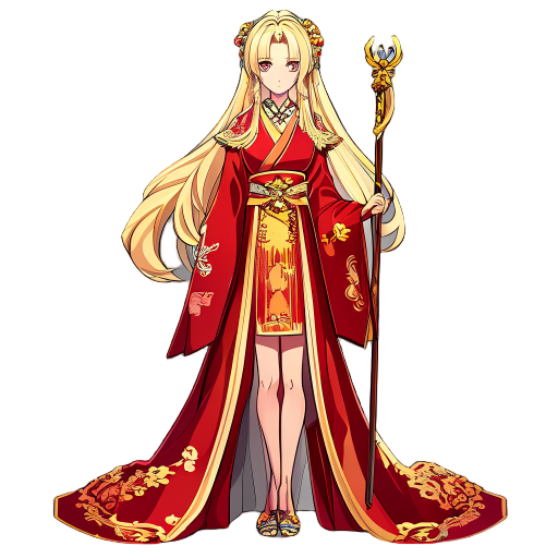 female emperor in a red and gold gown, long blonde hair, holding a staff, japanese anime style