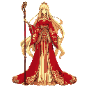female emperor in a red and gold gown, long blonde hair, holding a staff, japanese anime style