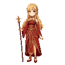 female emperor nero in a red and gold gown, long blonde hair, holding a staff, cute anime style