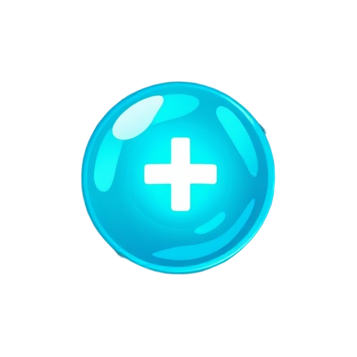 a glowing cyan health orb, designed as a "repair cell". it's a smooth, spherical orb of pulsating liquid energy. in its center, a bright, white plus symbol (+) glows intensely. the orb has a clean, restorative aura.