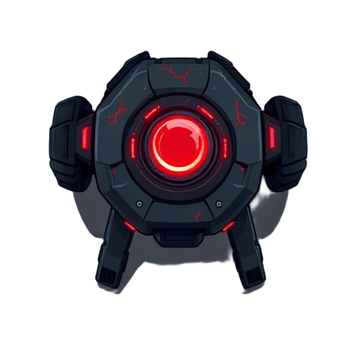  a small, corrupted sentry drone for a rogue-like game. it has a dark, metallic chassis with glowing red cracks. a single, large optical lens in the center glows intensely, targeting the player. it looks like a rogue security program, agile and hostile.