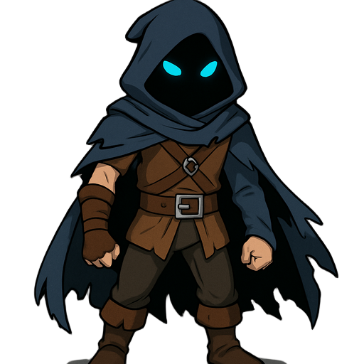 an agile male warrior, wearing a tattered dark blue cloak with a deep hood obscuring his face, only glowing cyan eyes are visible in the shadows, lightweight adventurer's leather clothes, one arm is covered