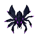 a "process hunter" miniboss. it has a sleek, insectoid body made of black metal and sharp angles. it features multiple limbs ending in energy blades and has a predatory, agile stance. purple energy flows through its circuits, and it looks dangerously fast