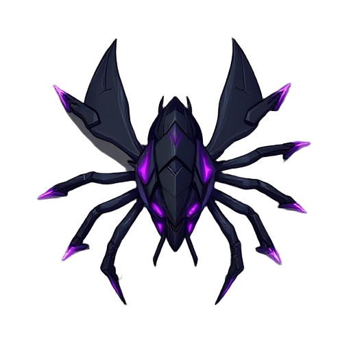it has a sleek, insectoid body made of black metal and sharp angles. it features multiple limbs ending in energy blades and has a predatory, agile stance. purple energy flows through its circuits, and it looks dangerously fast and corrupted.