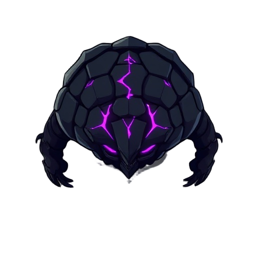 a large, floating elite enemy, a digital corruptor. its dark, segmented shell has glowing purple cracks of energy. imposing, minimalist