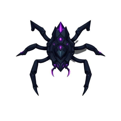 a "process hunter" miniboss. it has a sleek, insectoid body made of black metal and sharp angles. it features multiple limbs ending in energy blades and has a predatory, agile stance. purple energy flows through its circuits, and it looks dangerously fast