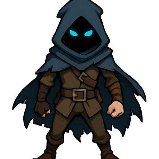 an agile male warrior, wearing a tattered dark blue cloak with a deep hood obscuring his face, only glowing cyan eyes are visible in the shadows, lightweight adventurer's leather clothes, one arm is covered