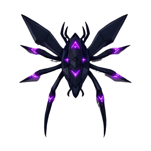 it has a sleek, insectoid body made of black metal and sharp angles. it features multiple limbs ending in energy blades and has a predatory, agile stance. purple energy flows through its circuits, and it looks dangerously fast and corrupted