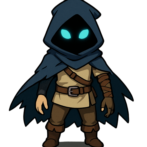 an agile male warrior, in the style of hollow knight and zelda breath of the wild, wearing a tattered dark blue cloak with a deep hood obscuring his face, only glowing cyan eyes are visible in the shadows, lightweight adventurer's leather clothes, one arm