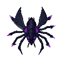 it has a sleek, insectoid body made of black metal and sharp angles. it features multiple limbs ending in energy blades and has a predatory, agile stance. purple energy flows through its circuits, and it looks dangerously fast and corrupted.