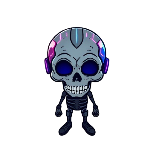 digital skull, glitch effects, neon circuits, flickering cracks, top-down, dark aura, hand-drawn, transparent background.
