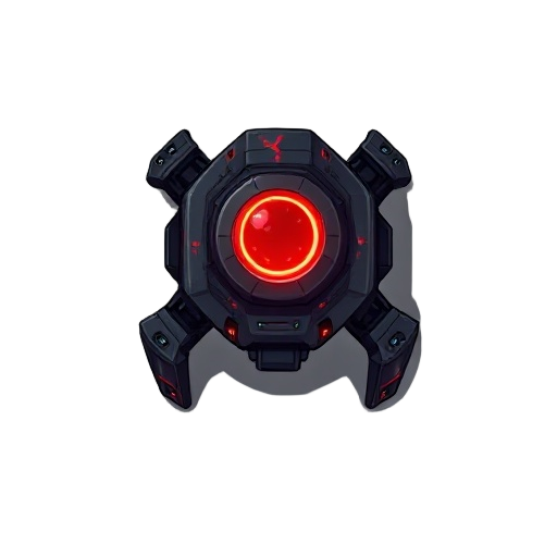 a small, corrupted sentry drone for a rogue-like game. it has a dark, metallic chassis with glowing red cracks. a single, large optical lens in the center glows intensely, targeting the player. it looks like a rogue security program, agile and hostile.