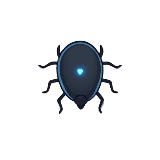 tiny, simple digital bug enemy. body shaped like a dark mouse cursor, scuttling on thin legs. a single glowing blue led for an eye.