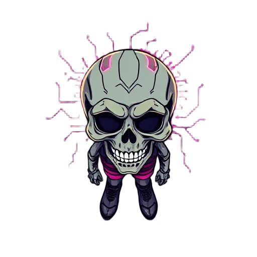 digital skull, glitch effects, neon circuits, flickering cracks, top-down, dark aura, hand-drawn, transparent background.
