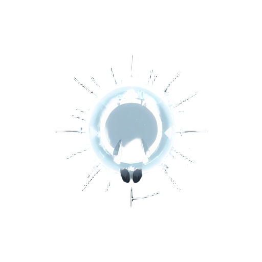 a defensive energy orb weapon. a glowing, unstable sphere of white data that orbits the player. it has a glitching digital aura and leaves a faint light trail. 2d, minimalist, on a dark background.