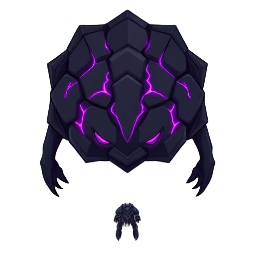 a large, floating elite enemy, a digital corruptor. its dark, segmented shell has glowing purple cracks of energy. imposing, minimalist