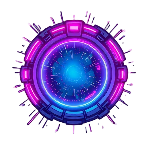 digital portal, neon lights, flickering data streams, pixel fragments, hand-drawn style, top-down, transparent background