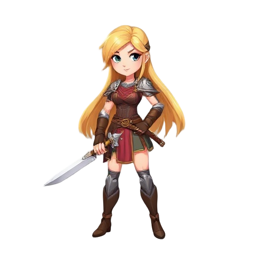 fantasy female warrior ,normal body, blond long hair , holding sword