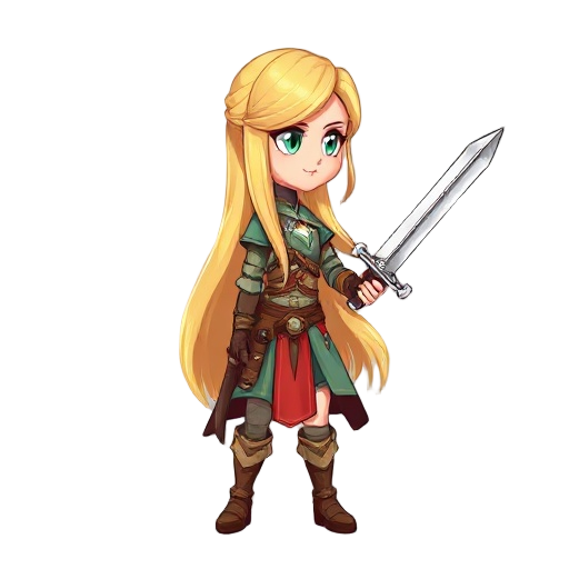fantasy female warrior ,normal body, blond long hair , holding sword , facing sideways , looks to the right
