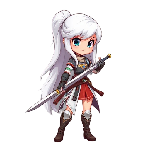 fantasy female warrior ,realistic body size, white long hair , holding sword , facing sideways , looks to the right
