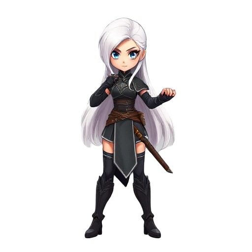 dark fantasy female warrior ,realistic body size, white long hair ,fight stance face sideways