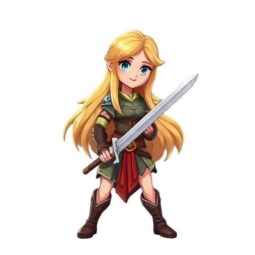 fantasy female warrior ,realistic body size, blond long hair , holding sword , facing sideways , looks to the right
