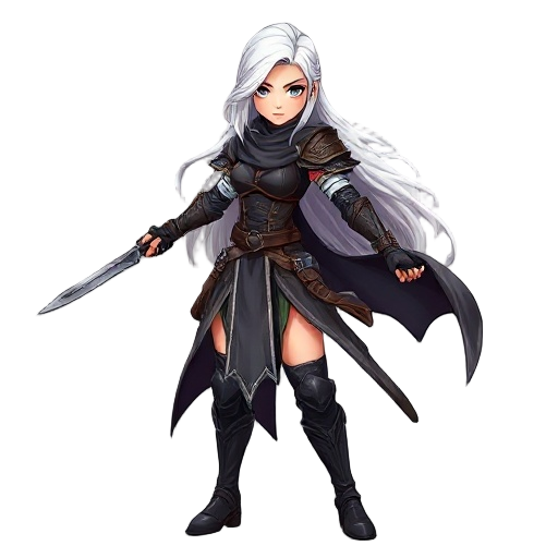 dark fantasy human female warrior ,realistic body size, white long hair ,fight stance face sideways