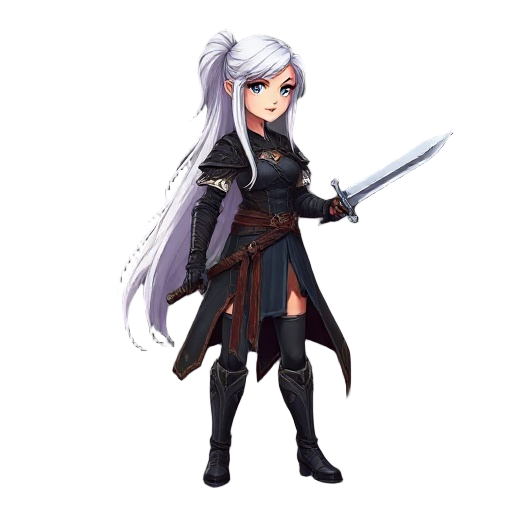 dark fantasy female warrior ,realistic body size, white long hair , holding sword , facing sideways , looks to the right