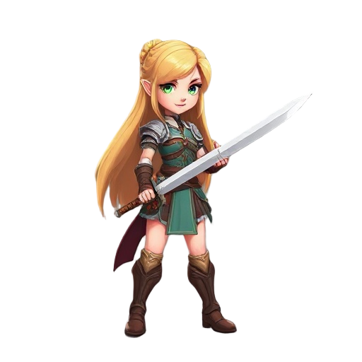 fantasy female warrior ,normal body, blond long hair , holding sword , facing sideways
